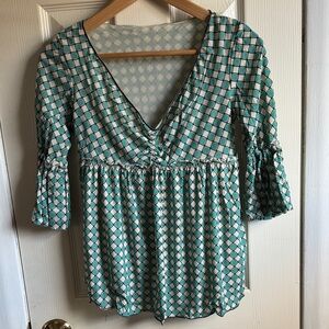 Source Unknown Teal and White Geometric V-Neck Tunic